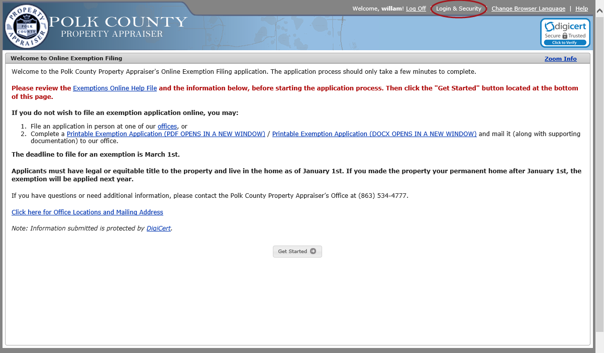 The Welcome to Online Exemption Filing page with the Login and Security menu option circled