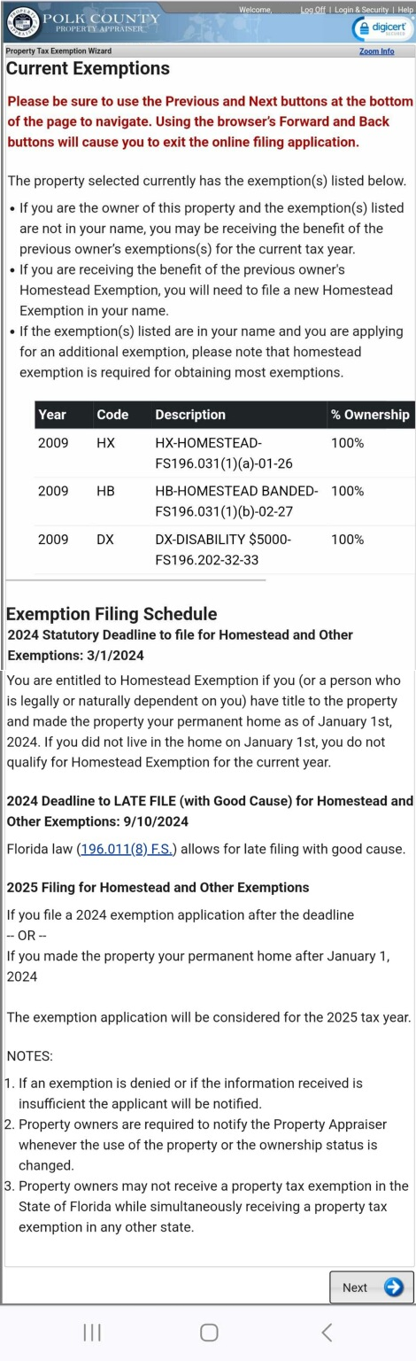 Mobile version of Website Current Exemptions Page