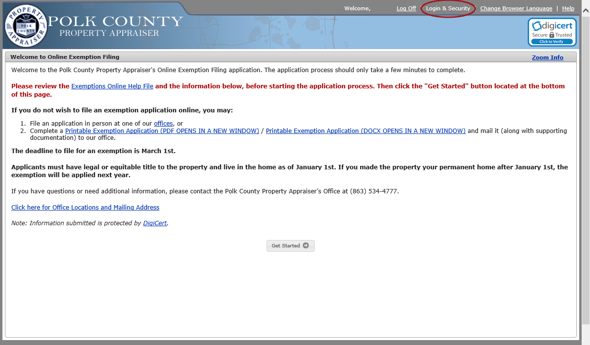 The Welcome to Online Exemption Filing page with the Login and Security menu option circled