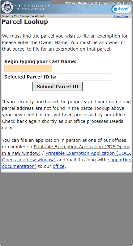 Parcel Lookup page Mobile version