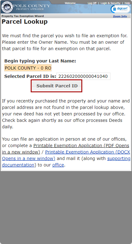 Parcel Lookup Page with the Submit Parcel ID Button indicated Mobile version