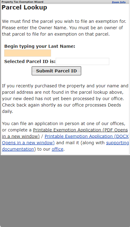 Parcel Lookup page Mobile version