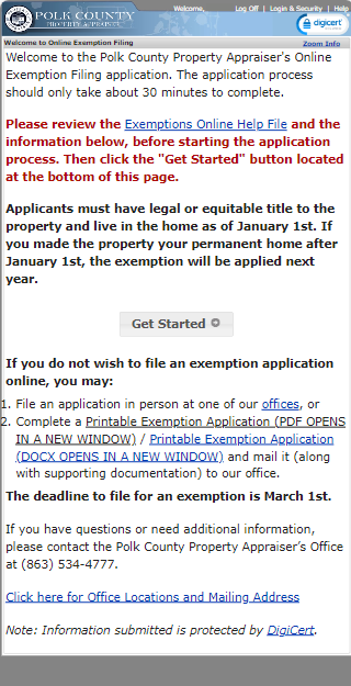 Mobile Version of The Welcome to Online Exemption Filing page with the Login