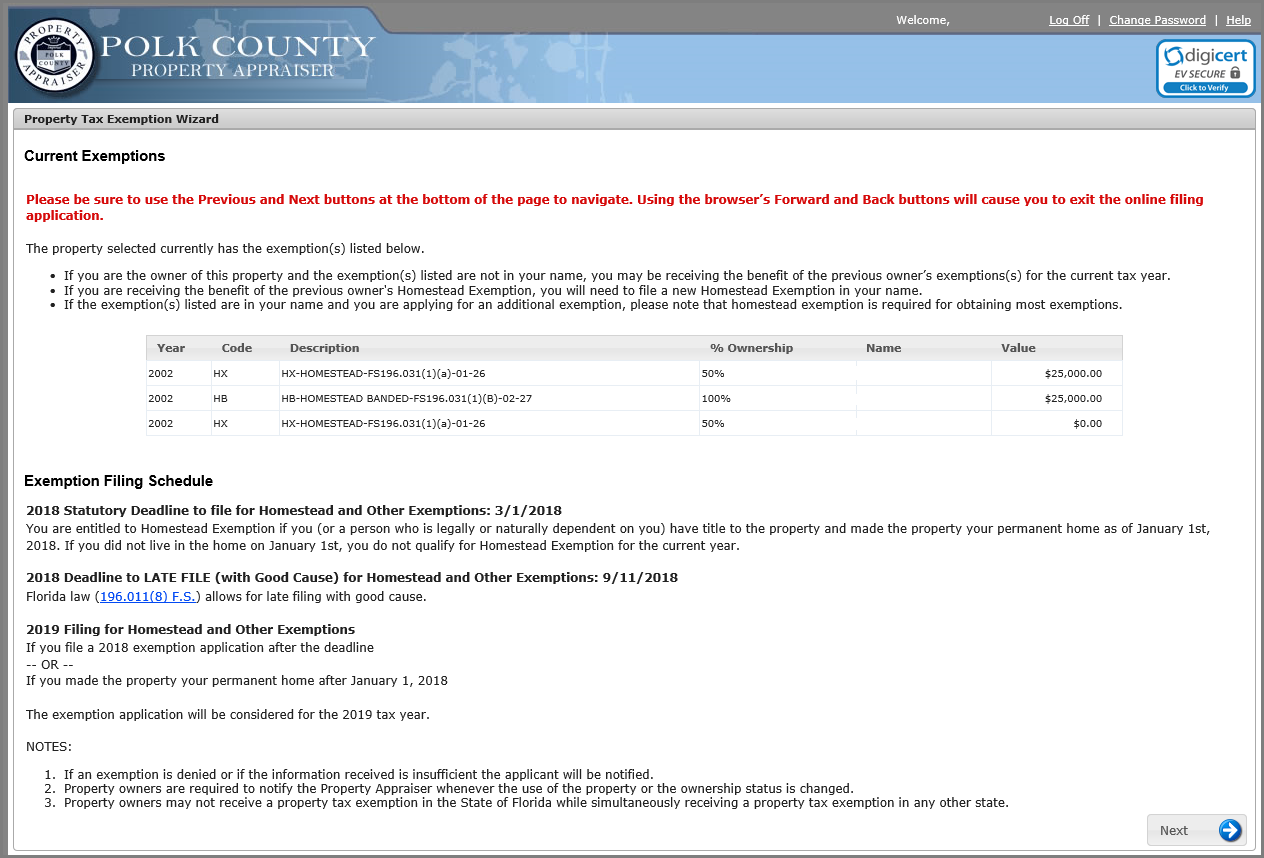 Website Current Exemptions Page