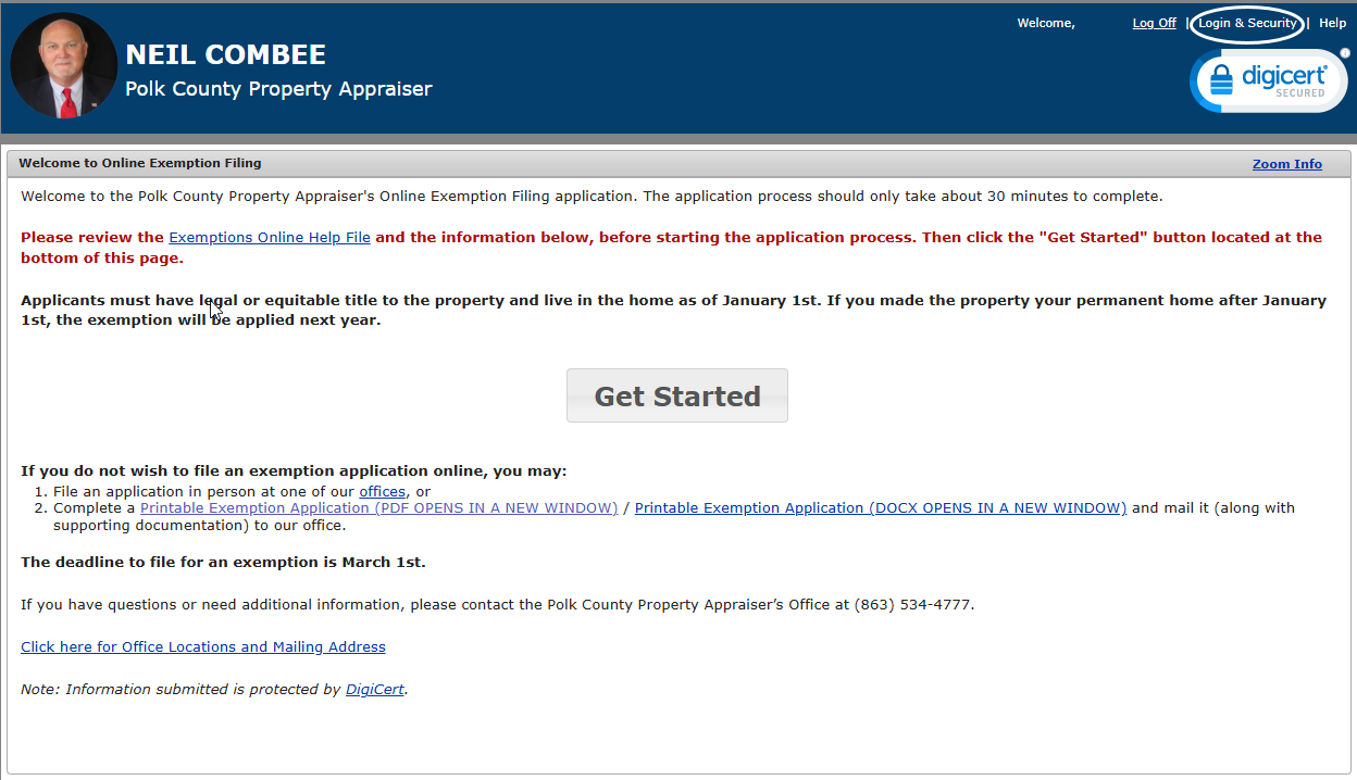 The Welcome to Online Exemption Filing page with the Login and Security menu option circled