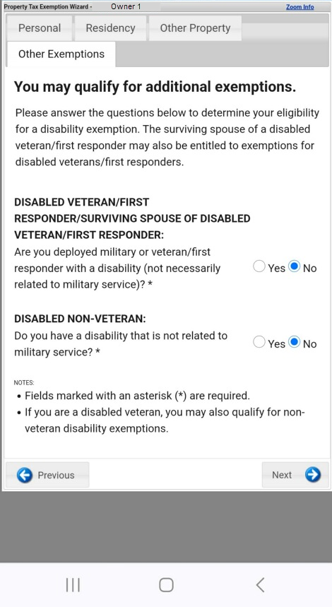 mobile version of other exemptions tab